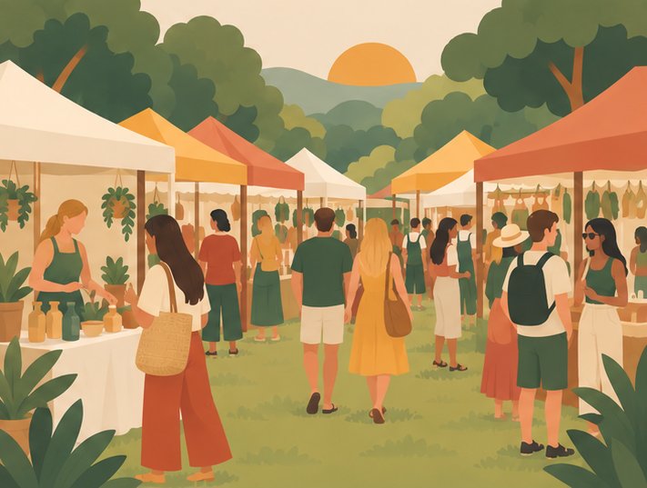 Illustration of festival-goers browsing market stalls in the Festival Village