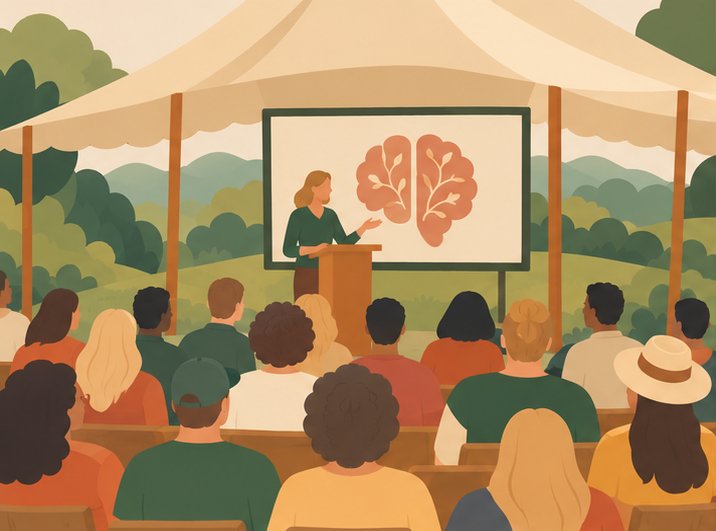 Illustration of the Health Talks Tent with a speaker presenting to a seated crowd