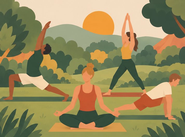 Illustration of people doing yoga and stretching outdoors in the Movement Zone
