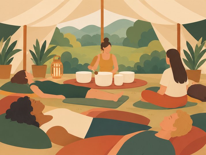 Illustration of people lying down for a sound bath session in the Reset Tent